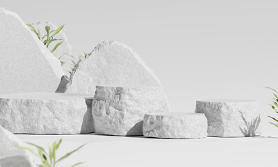 3D Rendering. Natural Stone Podiums with Green Foliage on a Minimalist White Background for Product Display