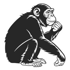A chimpanzee sits and thinks on a plain white background