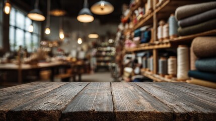 empty wooden table in cozy handcraft workshop with blurred background for product presentation