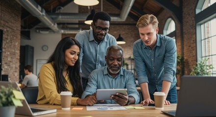Diverse Group of Young and Middle-aged Professionals Collaborating in Modern Office Space