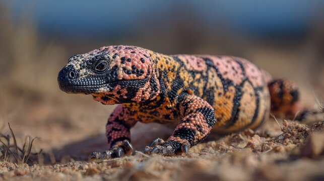 Close-up of a colorful lizard on sandy ground