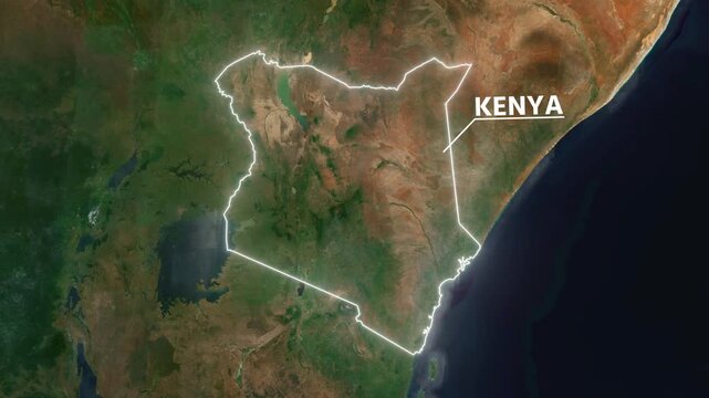 Zoom from Earth to Kenya. Glow outline map animation satellite view with highlighted country borders. Cinematic documentary 3d world map animation highlights aerial views, and travel. 4k