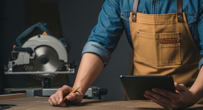 Craftsman Using Tablet and Pencil in Workshop with Circular Saw