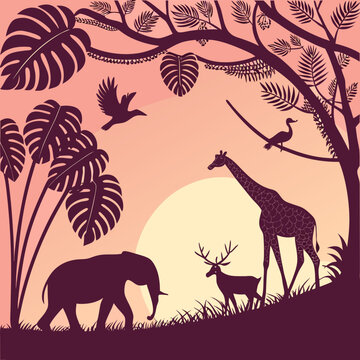 ungle Animals Silhouette at Sunset - Elephant, Giraffe & Deer