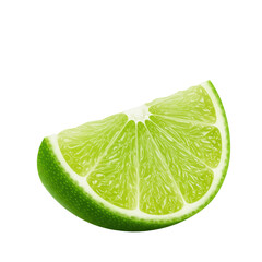 A single, vibrantly bright green lime wedge with glistening, juicy pulp and clean white pith, isolated on a transparent background with diffused studio light and no shadows, captured with a macro