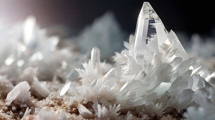 Sharp crystalline cluster with a prominent central crystal point on sandy matrix