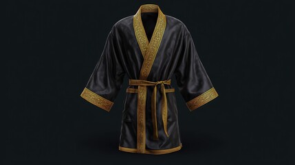 Black silk robe with gold trim and matching belt on dark backdrop
