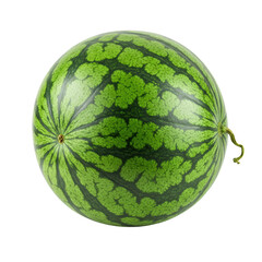 Whole, ripe watermelon with vibrant green rind, dark stripes, and natural stem, isolated on transparent studio background with perfect lighting and no shadows, top-down view, ultra-realistic