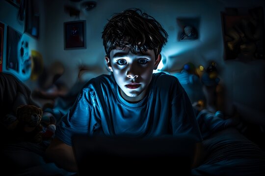 Young boy with wide eyes staring intently at a glowing screen in a dark, blue-lit room, depicting intense digital engagement or exposure to sensitive content. AI generative.
