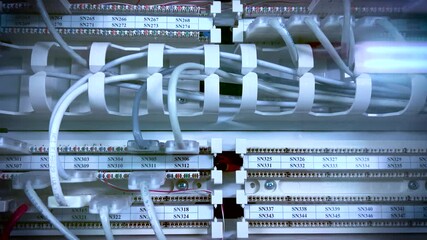 Network cables connected to switch.Tracking shot on network hub. - Powered by Adobe