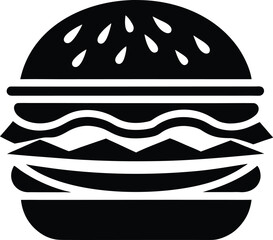 Burger silhouette, hamburger icon, fast food vector, sandwich clipart, black and white illustration