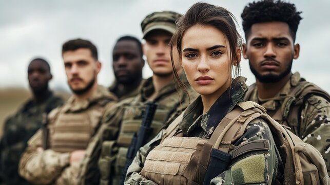 A diverse group of serious soldiers in camouflage uniforms stand in a line, ready for action with determined expressions.