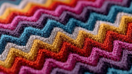 Close up Of Vibrant Multicolored Zigzag Knitted Fabric Texture with Diverse Colors for Backgrounds and Designs Using Yarn or Threads for Textile Craftsmanship