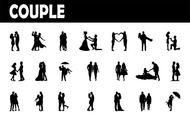 Romantic Couple silhouettes in different poses. couples in love. black sketch.