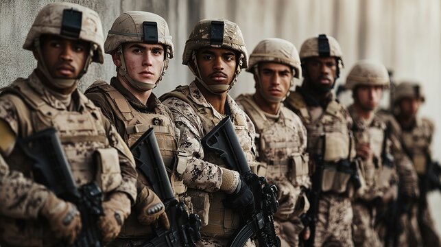 A line of diverse soldiers in full combat gear and helmets stand attentively, holding rifles, prepared for military duty in a desert environment. - Powered by Adobe