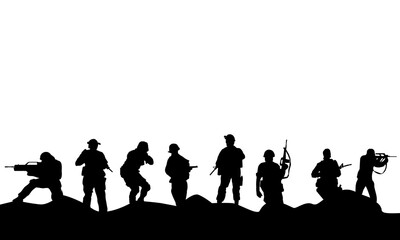 Fototapeta premium Squad soldier silhouette. Military Army soldiers standing in battle formation. action soldiers.