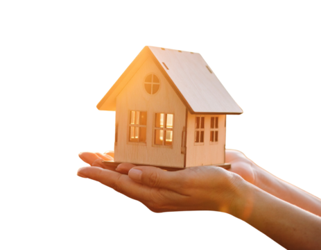 mage of woman holding small wooden house outdoors at sunset light