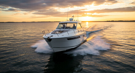 Aerial front view of a sports motor boat cruising with high speed over the blue sea during summer sunset time 01