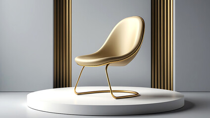 Futuristic Gold Metal Chair on White Platform Modern Minimalist Luxury Interior Design Photo