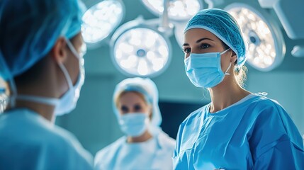 Medical professionals wearing surgical masks and scrubs in an operating room preparing for surgery.