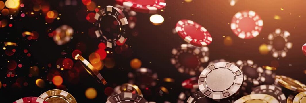 Falling golden poker chips and playing cards on black background