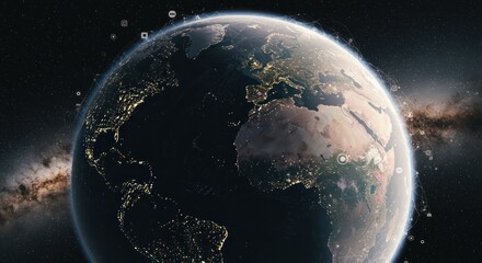Earth From Space with Visible Continents and City Lights in Night Scene