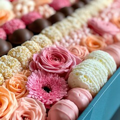 A close-up of an elegant arrangement featuring pink flowers and various pastel-colored chocolates and confections in neat rows.