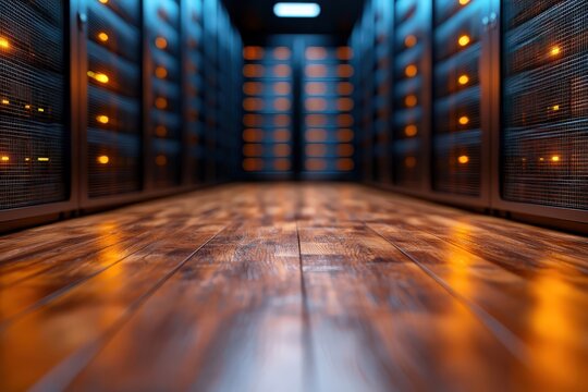 A low-angle view of a data center corridor with server racks illuminated by blue and orange lights, reflecting off the polished wooden floor.