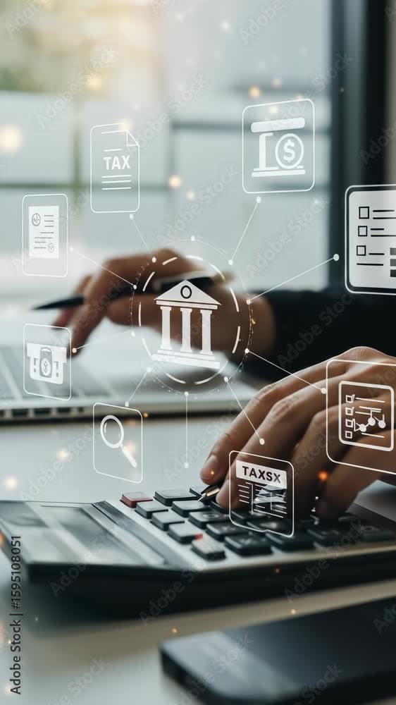 Poster accountant analyzes taxes and finance using a calculator and laptop indoors, navigating data-driven 
