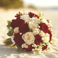 A beautiful bouquet of red and cream roses, accented with pearls, lies on a sandy surface, capturing a romantic and elegant atmosphere.