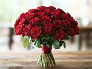 A large bouquet of fresh, vibrant red roses arranged beautifully with green leaves, placed on a wooden surface against a blurred background.
