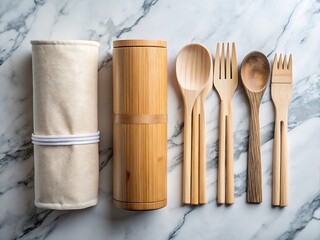 A set of reusable bamboo cutlery is arranged on a marble surface