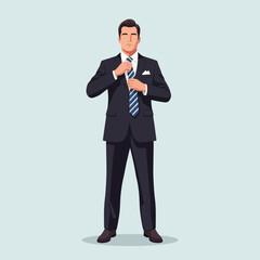 Stylish Businessman Adjusting Striped Tie Standing in Modern Suit