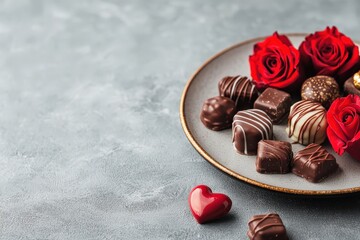 A plate with assorted chocolates and three red roses, accompanied by a small red heart-shaped object on a textured gray surface.