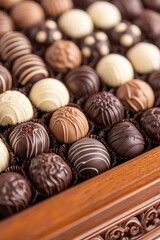 Assorted gourmet chocolate truffles with various decorative designs in dark, milk, and white chocolate, elegantly arranged in a wooden box.