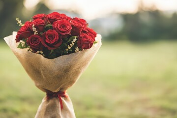 A bouquet of vibrant red roses wrapped in brown paper with a red ribbon, set against a blurred outdoor background.