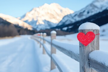 A snow-covered wooden fence with a red heart attached, set against a backdrop of snowy mountains under a clear blue sky.