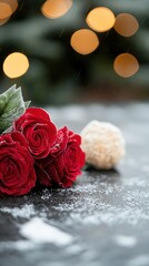A close-up of red roses dusted with snow, with blurred warm lights in the background and a white flower or decoration nearby.