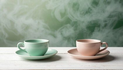 Fototapeta premium Two ceramic pastel cups with smoke