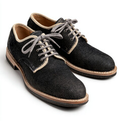 Black Rubber Outsole with Natural Nubuck Leather Pieces and Grey Hemp Thread on White Background
