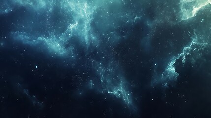Teal and dark blue nebula displays cosmic dust and sparkling stars across infinite space