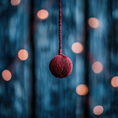A close-up of a red yarn ball hanging by a string with blurred warm bokeh lights on a blue wooden background.
