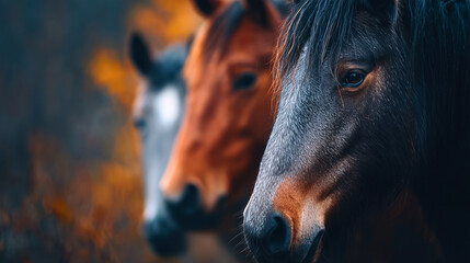 Close-up portrait of three horses in autumn light