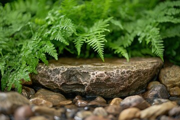 A close-up of lush green fern leaves over a textured stone basin surrounded by smooth pebbles.