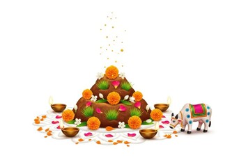 Traditional Celebration Featuring Decorated Cow, Floral Arrangements, and Spiritual Offerings