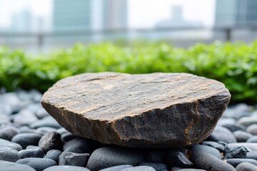 A rough, flat stone rests on a bed of smooth black pebbles with a blurred urban background and greenery.