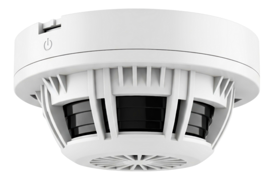 Modern white ceiling-mounted smoke detector for fire safety isolated on a transparent background