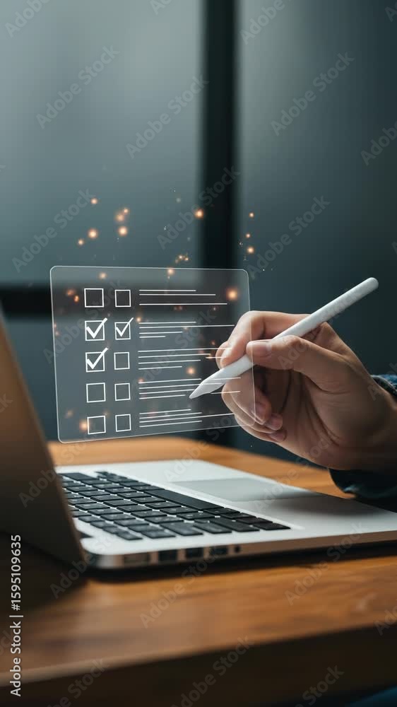 Aufkleber digital checklist: man completes online form with stylus, ticking boxes for business project on lapt
