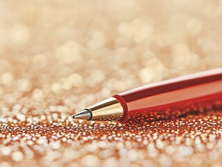 A close-up of a red ballpoint pen tip resting on a glittery, golden surface with a soft bokeh background.