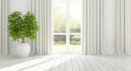 Fototapeta premium Bright White Living Room Interior With Window and Indoor Plant